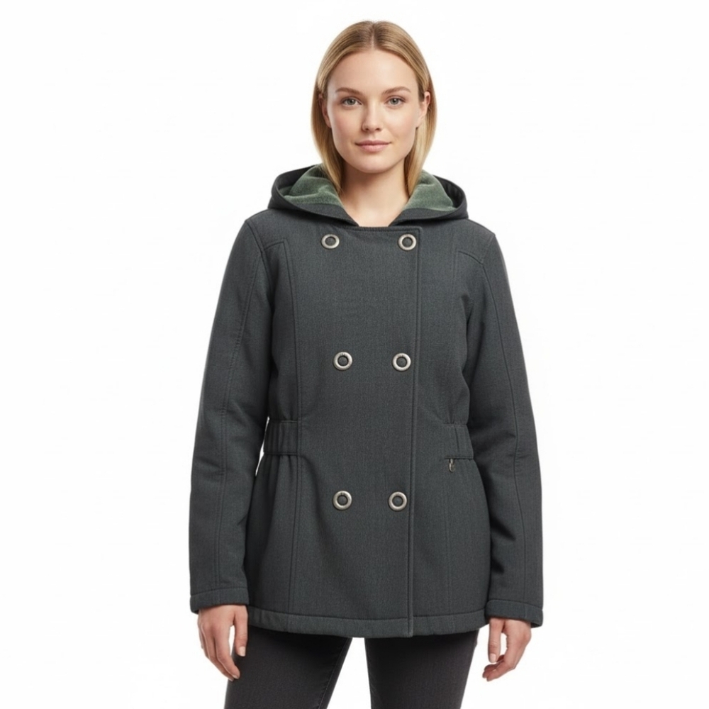 DOUBLE DIAMOND Softshell Fleece Lined Double Breasted Hood Jacket Moss Green Sm‎